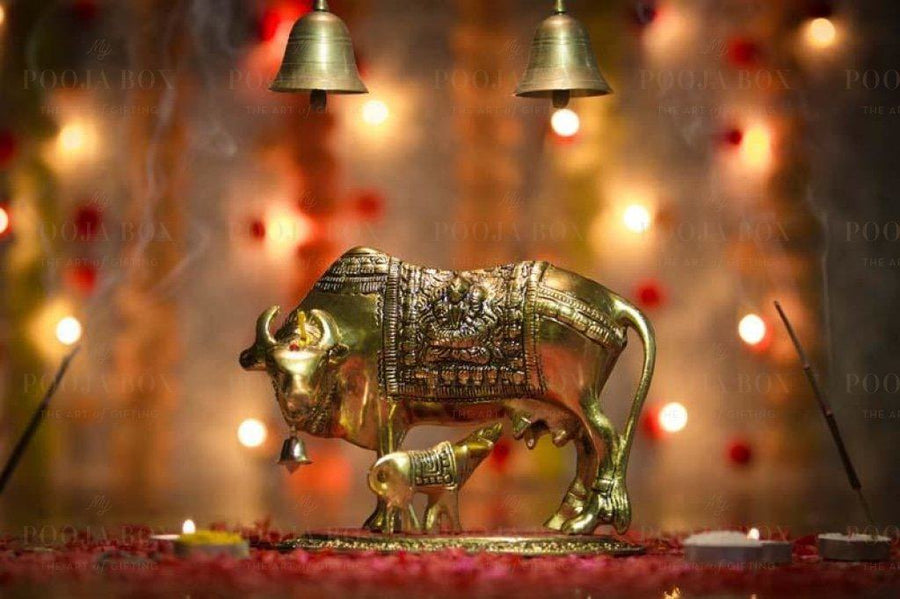 Decorative Golden Kamdhenu Cow And Calf Showpiece Idols