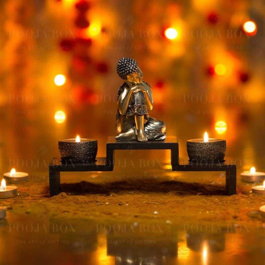 Decorative Relaxing Buddha On Wooden Base With Tealight Holder Candle