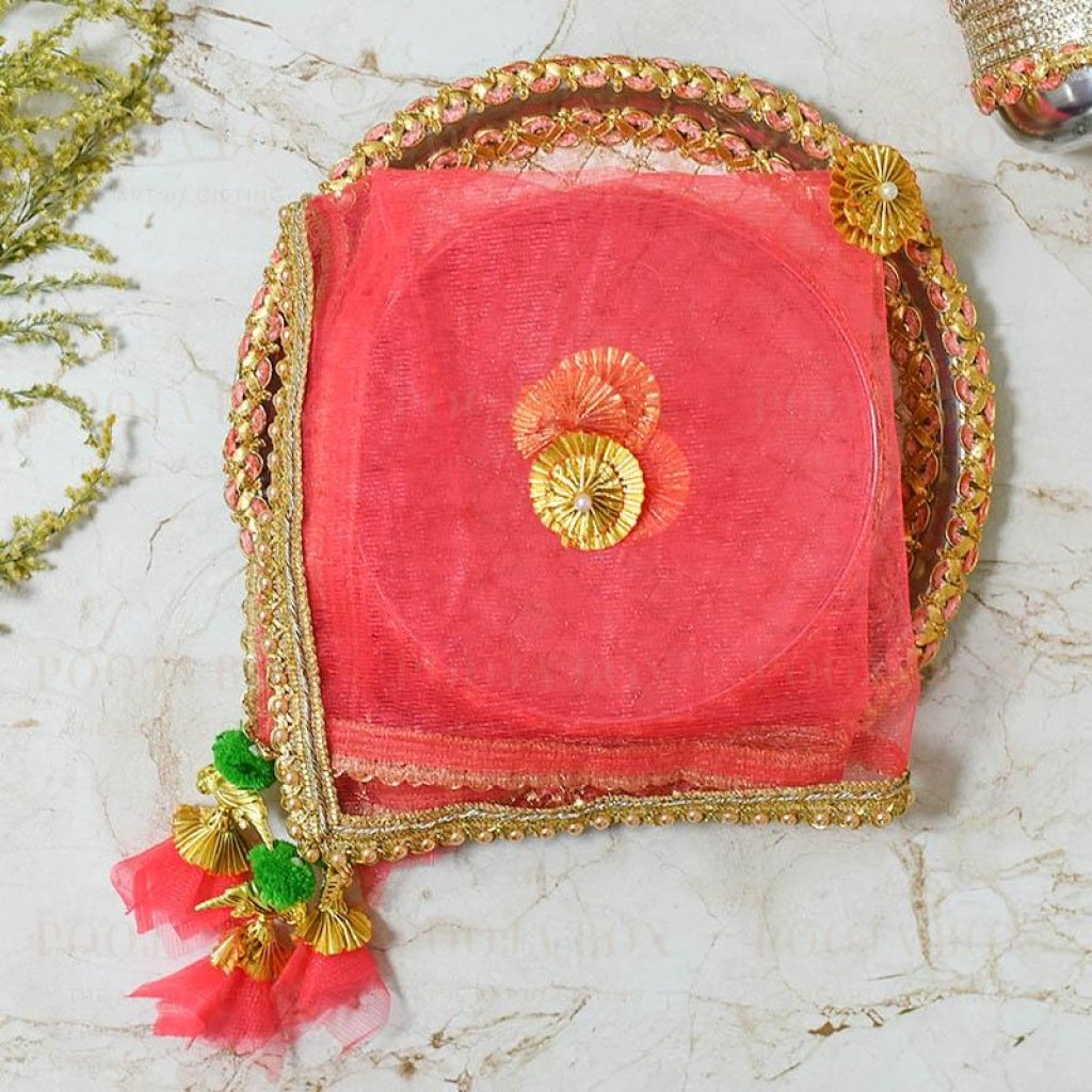 Gold & Peach Beaded Thali Cover Karwa Chauth