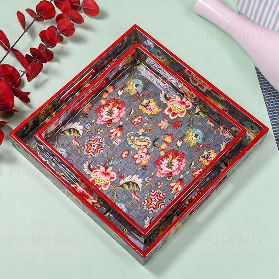 Grey Floral Serving Trays-Set Of 2 Crockery