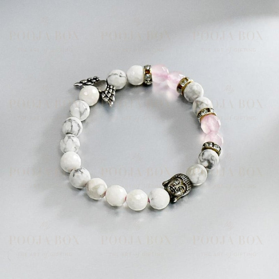 Howlite & Rose Quartz Bracelet With Buddha And Angel Wings