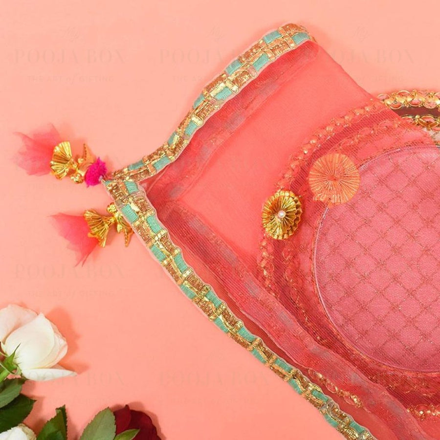 Pretty Peach Thali Cover Karwa Chauth