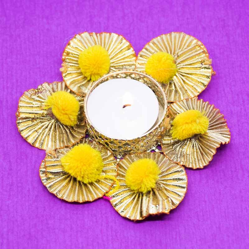 Glorious Golden Gotta and Pompom Work Tealight/Candle Holder