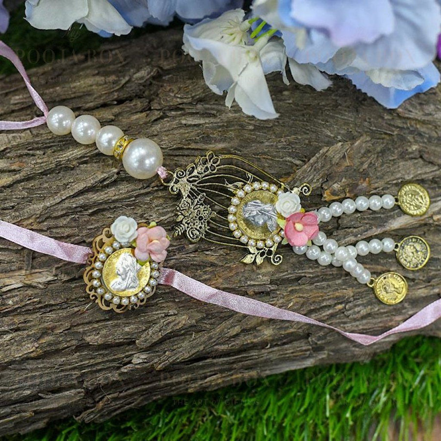 Silver Coin Bejewelled Pink Bhaiya Bhabhi Rakhi Set Of 2