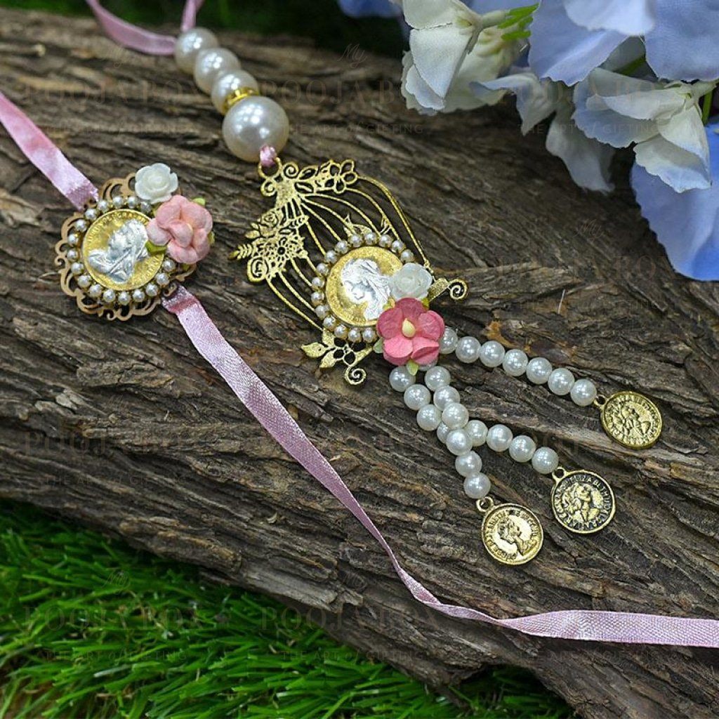 Silver Coin Bejewelled Pink Bhaiya Bhabhi Rakhi Set Of 2