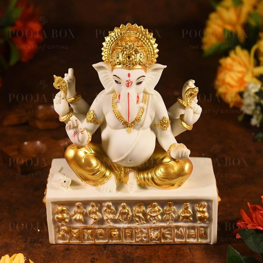 Sitting Ganesha With Zodiac Sign On Stand Idol