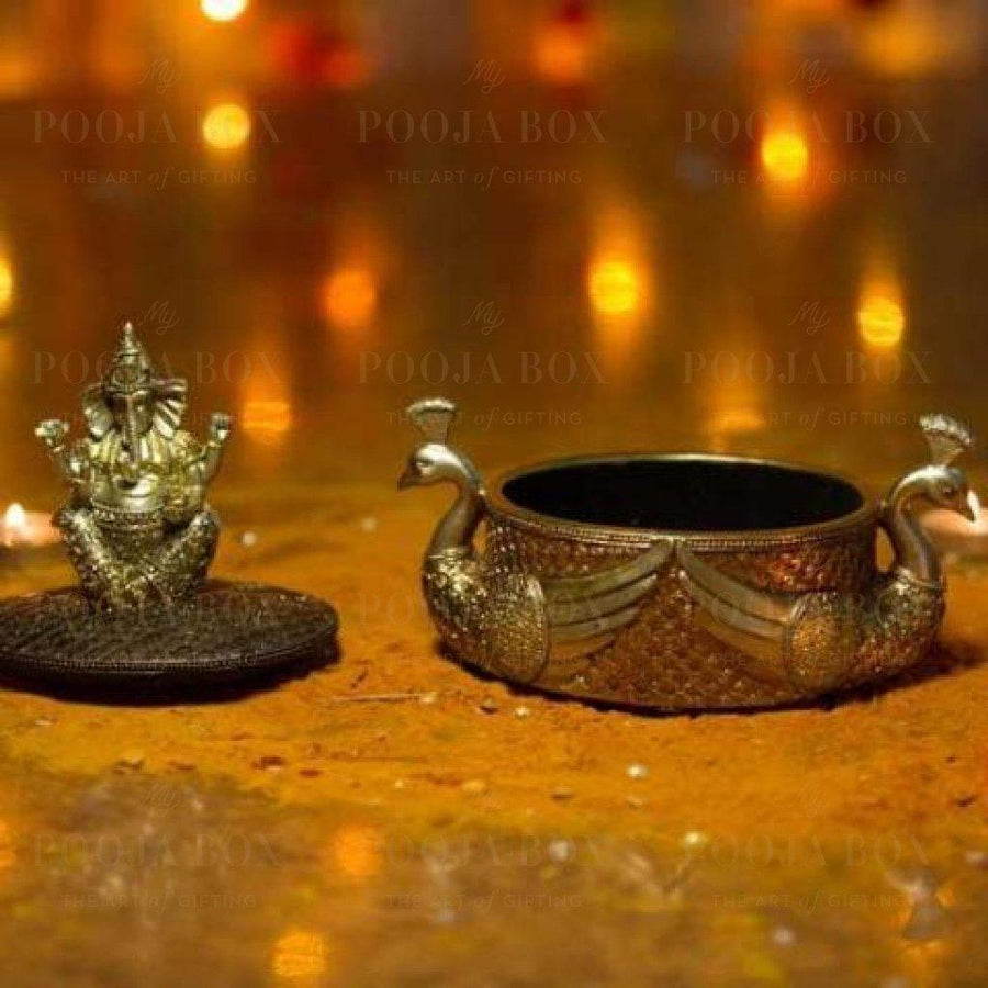 Sparkling Golden Ganesha Showpiece Peacock Figurine Idols