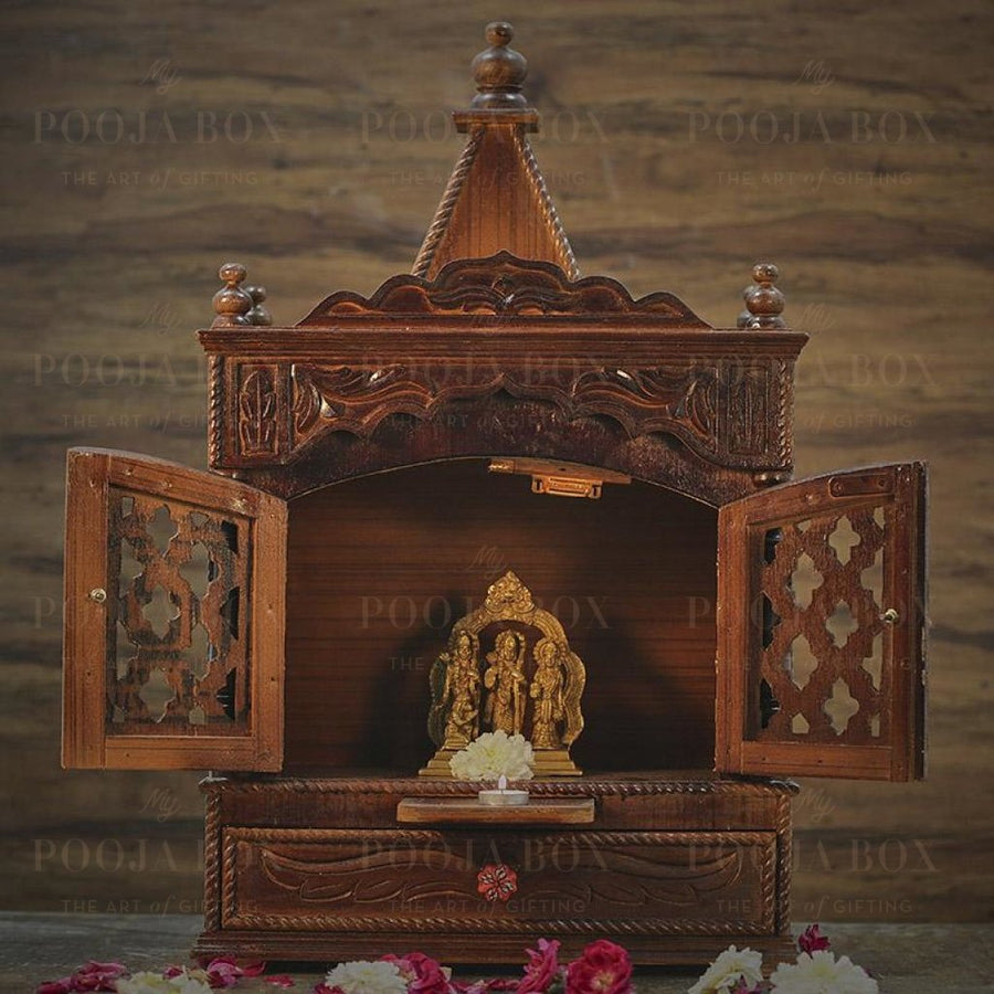 Traditional Wood Pooja Mandir With Doors Temple