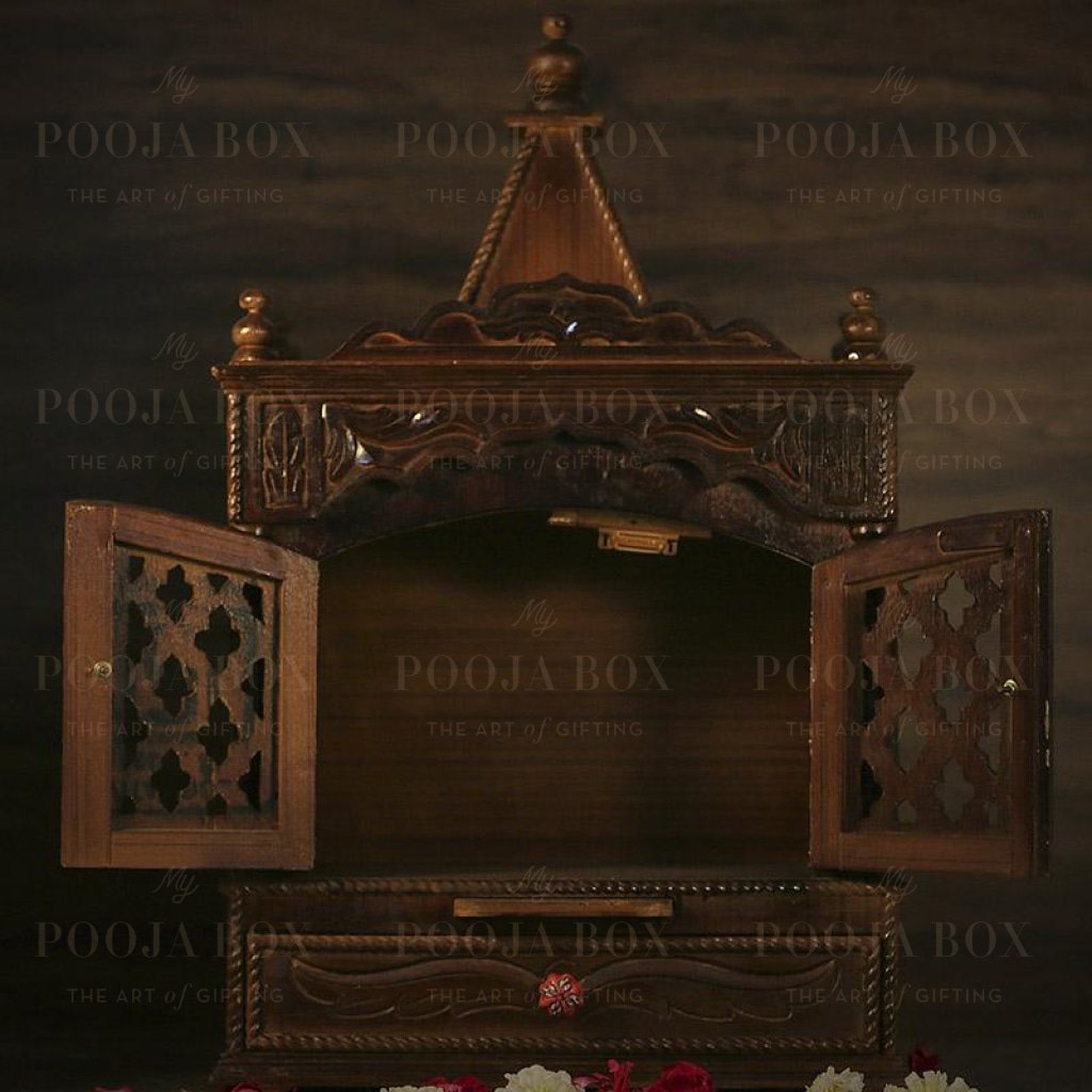 Traditional Wood Pooja Mandir With Doors Temple